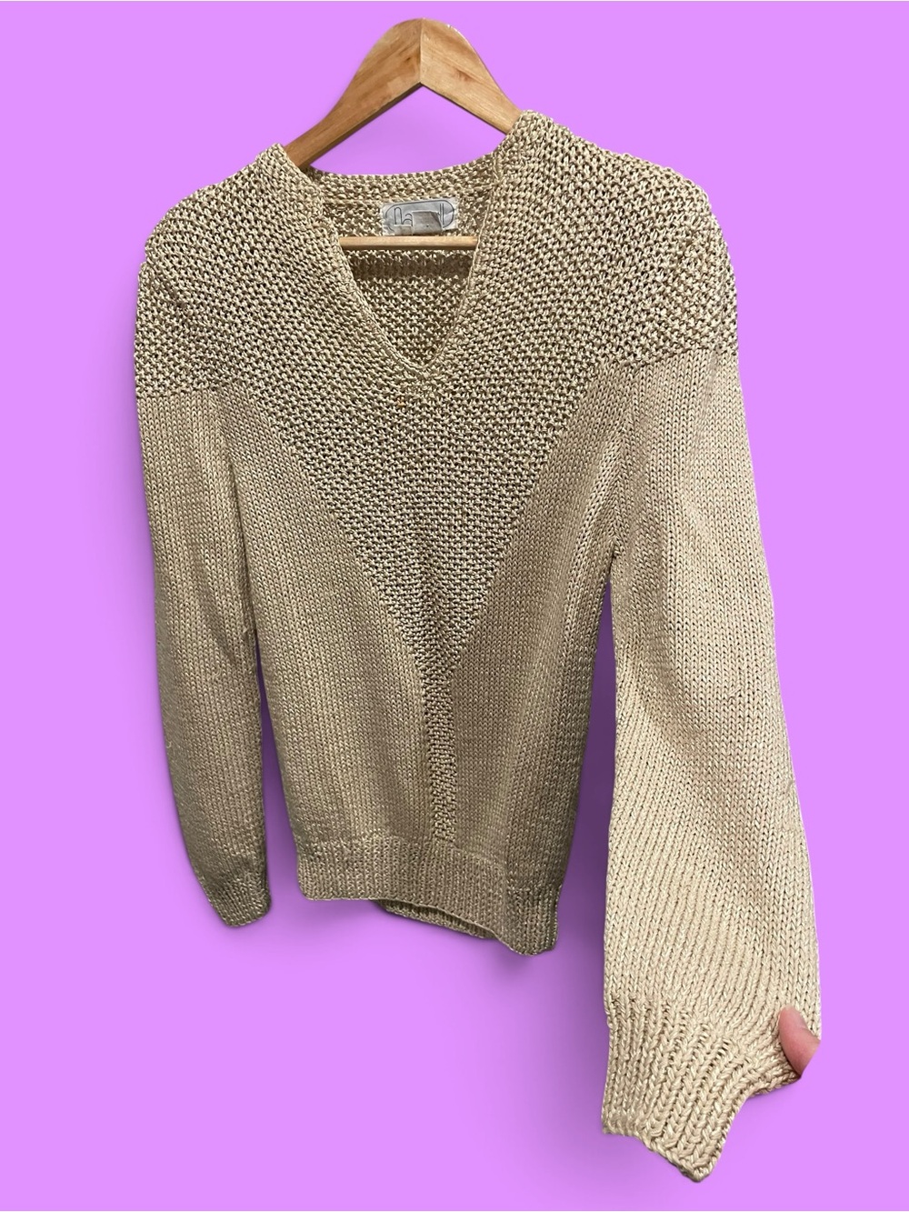 Vintage golden flax hand woven puff sleeve wool blend 80s glamour